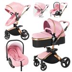 Magic ZC PU Leather 3 in 1 Pushchair Pram Travel System, Baby Stroller 3 in 1 with 360° Rotatable Seat, Newborn Infant Carriage One-Click Folding, Toddler Buggy Aluminum Frame (906 Pink)