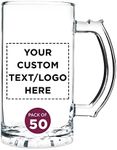 DISCOUNT PROMOS Custom Glass Beer Mug 16 oz. Set of 50, Personalized Bulk Pack - Great for Wedding Favors, Groomsmen Gifts, Birthday Gifts - Clear