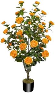 MHMJON 45""/3.7FT Artificial Tree Camellia Plant Fake Tree with 32 Blooming Orange Flowers, Small Faux Tree Large Potted Plant for Spring Home Front Door Outdoor Indoor Decorationv, MHMJ-79867