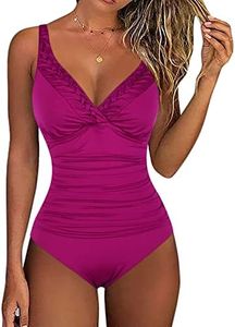 Hilor Women's One Piece Swimsuits Pin Tucked Surplice Swimwear Tummy Control Bathing Suits Monokinis Wine Time 14