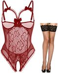 AIBINGGE Lingerie for Women Sexy Teddy One-Piece Lace Babydoll Bodysuit Nightie Plus Size(A-Wine Red,M)