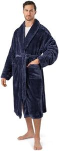 PAVILIA Mens Soft Robe, Plush Fluffy Fleece Bathrobe for Men, Long Sherpa Spa Robe with Shawl Collar (Navy Blue,S/M)