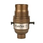 ElekTek Special Safety Switch Lamp Bulb Holder B22 BC Bayonet Shade Ring, 1/2” 26TPI Bottom Entry, Antique Brass, Child Safe Switch Push Bar locks OFF to cut power if lamp bulb not inserted - Made in UK