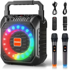 HUABAO Karaoke Machine with 2 Wireless Microphones, Portable Microphone Speaker for Adults and Kids, PA System with LED Lights, Supports USB/AUX/FM/TF Card, for Party/Meeting