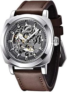 Benyar Automatic Watches for Men | Skeleton Mechanical Leather Strap Mens Watch | 45mm Dial | 30M Waterproof | Men's Stylish Gift, gray 1, Mechanical,Automatic Watch