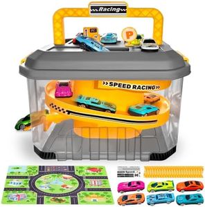 Toy Car Track Storage Playset - Toddler Toys for Ages 2-4, Toy Car Set Including 12 Diecast Cars, PlayMat, Race Tracks, Car Ramp, Kids Birthday Gift for 2 3 4 5 Year Old Boys