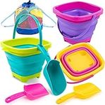 3 Packs Foldable Beach Bucket and Sand Shovels Set for Kids -2.5 L Collapsible Beach Toy Buckets Multi Purpose for Beach,Camping Gear, Beach Party, Fishing, and Fun Summer Activities