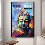 Painting Mantra Framed Canvas Painting Lord Buddha Peace Comes Pop Graffiti Art For Living Room, Decorative Home & Wall Décor Abstract Art (Size: 23x35 Inch)