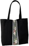 Floral Canvas Tote Bag for Women Vintage Handbag Shoulder Bag for Travel Grocery Shopping Work, Black, Large