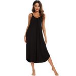 Jlowesun Long Sleepwear for women,Soft Cotton Nighties for Women with Wavy Hemline,V-Neck Full Slip Loose Stretchy Strappy Women's Nightwear L Black