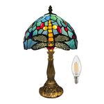 Meimond Tiffany Style Table Lamp 8" teal dragonfly Series Stained Glass Lampshades,Bedroom Lamps for Nightstand,Desk Lamps for Home Office,Bedside Reading Lamp Vintage Art Deco Gifts Victorian