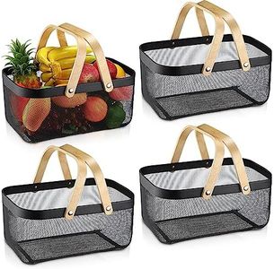 Sadnyy 4 Pcs Metal Wire Storage Basket with Handle Mesh Garden Harvest Basket Durable Vegetables Fruit Basket for Organizing, Kitchen, Countertop, Closet, Bedroom (Black,16 x 9.8 x 7.1 Inch)