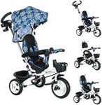 HOMCOM 6 in 1 Trike for Toddler, Baby Push Tricycle Folding Bike with Parent Handle, Reversible Seat, Storage Basket, Canopy, 5-point Safety Harness, for Kids 1-5 Years, Light Blue