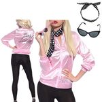 CAIYING Ladies 50S Grease T Bird Danny Pink Satin Jacket Halloween Costume with Scarf (Pink & Glasses, XX-Large)