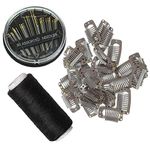 20 Pcs Clips for Hair Extensions with Needles and Thread Set, Wig Clips with Rubber to Sew in 9 Teeth Metallic Snap Clip Ins(Dark Brown)