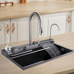 ARQUIN 30" x 18" x 9" Fully Equipped Kitchen Sink with Integrated Dual Waterfall and Pull-down Faucets with 304 Grade Stainless Steel Nano Black Finish Sink with LED Pannel and Digital Display