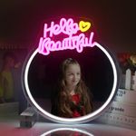 SIGNSHIP Hello Beautiful Neon Sign, Pink Neon Mirror Signs for Wall, Led Neon Sign, USB Powered Letter Mirror Neon Light Sign for Bedroom Parties Wedding Girls Room Decor