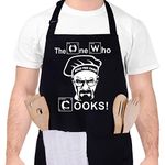 CREPUSCOLO Funny Apron for Men with Pocket BBQ Grill Apron Adjustable Kitchen Apron Cotton Baking Apron-Birthday Father's Day Thanksgiving Gifts for Men Dad Husband Him-The One Who Cooks- Black Apron