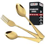 AXIOM Stainless Steel Golden Cutlery Set. 24 Pieces Luxurious Spoons & Forks (8 Dessert Spoon, 8 Dessert Fork, 8 Tea Spoon) Gold Colour Flatware for Luxury Dining