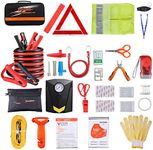 Car Roadside Emergency Kit with Jumper Cables, Auto Vehicle Safety Road Side Assistance Kits, Winter Car Kit for Women and Men, with Portable Air Compressor, First Aid Kit, Tow Rope, Multitool Plier