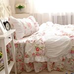 FADFAY Cotton Bedding,Shabby Rose Floral Print Bedding Set,Elegant Country Style Ruffles Cute Girls Duvet Cover Bed Sets with Lace Twin Size