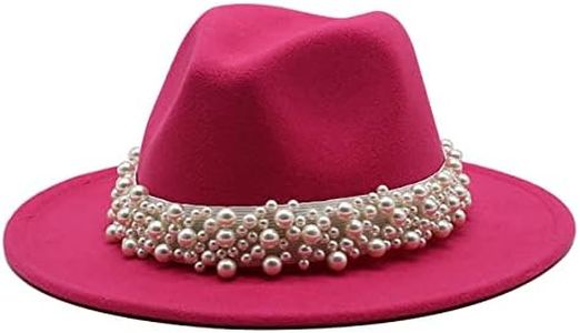 Qkrlamx Black Fedora Hats for Women Wool Panama Hat with Pearl Band Wide Brim Felt Hat Classic Trilby Hat, Hot Pink, Medium