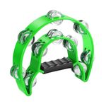 Flexzion Tambourine Metal Half Moon Musical Instruments Double Row Metal Jingles Hand Held Instruments Percussion with Ergonomic Handle Grip, Tambourines for Adults Church, Green