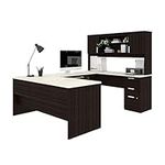 Bestar Ridgeley U-Shaped Executive Desk with Pedestal and Hutch, 65W, White Chocolate