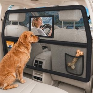 56'' Dog Car Barrier for SUV & Trucks, Escape-Proof Universal Mesh Car Pet Divider, Heavy-Duty Dog Barrier for Cargo Area, with Transparent High-Visibility Window and 2 Mesh Storage Pockets