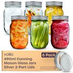 Mason Jars with Lids - 6 Pack 490ml Leakproof Glass Jars with Lids for Airtight Seal - Round Mason Jar with Silver 2-Part Lid for Salad, Food Storage, Overnight Oats, Pickling, and Canning