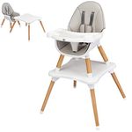 COSTWAY 4 in 1 Convertible High Chair, Multi-Functional Dining Highchair with Adjustable Legs, Detachable 4-Position Tray, 5-Point Seat Belt, Wooden Feeding Chair for Baby, Infants, Toddlers (Gray)