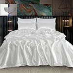 ROOEE Satin Silk Complete Bedding Set - 6 PCS - Fitted sheet, Duvet Cover, 4 Pillow Cases. Color - White Size - Single