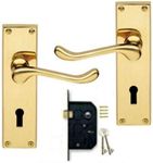 Golden Grace Victorian Scroll Polished Brass Lever Lock Door Handles + 3 Lever Lock Set +2 Keys