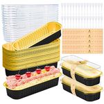 Furuising 120Pcs/30Set Mini Loaf Pans with Lids and Spoon, 200ml Aluminum Loaf Cake Cases, Reusable Foil Mini Loaf Tin, Baking Pans with Stickers for Cake Bread Baking (Black Gold)