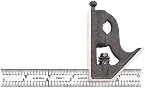 Starrett Steel Combination Square with Square Head - 6" Blade Length, Cast Iron Head, Hardened Steel, Reversible Lock Bolt, Scriber, 4R Graduation Type - C11H-6-4R