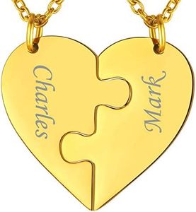 Suplight Femme Collier Puzzle Plaqué Or pour 2 Pendentif Coeur Moitié Personnalisable Chaîne Fine Réglable Dorée 50cm/1.5mm