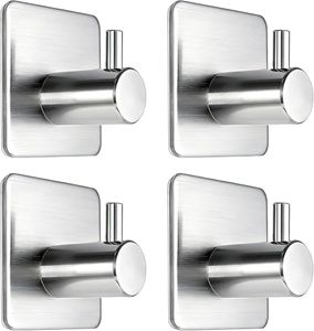 Adhesive Hooks Heavy Duty Wall Hooks Waterproof Stainless Steel Hooks for Hanging Coat, Hat,Towel Robe Hook Rack Wall Mount- Bathroom and Bedroom 4-Packs