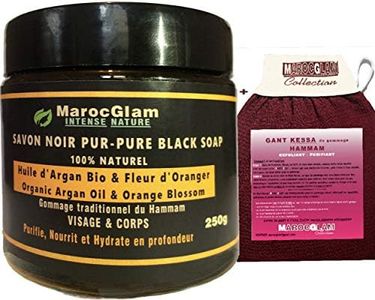 Savon Noir à l'Huile d'Argan Bio et fleur d'oranger 250g + Gant Kessa luxueux pour gommage corps et visage - gommage naturel Hammam et SPA: Exfoliant - Purifiant- hydratant