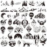 Ooopsiun 30 Sheets Small Black Mountain Planet Temporary Tattoos for Men Women - Unique Realistic Waterproof Forest Triangle Designs Body Art Tattoos for Adults