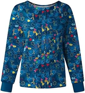 Scrub Jackets for Woman Print Long Sleeve Plus Size Womens Scrubs for Women Nursing Jacket with Pockets Blue X-Large