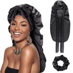 DRESHOW Long Satin Braid Bonnet for Women Silk Bonnet for Sleeping Sleep Cap with Elastic Tie Band Night Cap for Long Curly Hair Locs