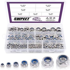 Swpeet 250Pcs 304 Stainless Steel Metric Lock Nut Assortment Kit Perfect for lock Washers, Nylon Insert Locknut M3 M4 M5 M6 M8 M10 M12