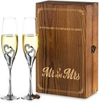 NUPTIO Champagne Flutes Glasses Wedding: Champagne Flute with Wooden Gift Box Crystal Prosecco Glass Set of 2, Silver Gift Set for Engagement Toasting Anniversary Party Bridal Showers