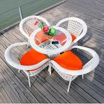 IKAE D-15 Chairs Table Set 4+1 Wicker Patio Furniture Sets 4 Chair and 1 Table with Cushions for Garden Balcony Bedroom Powder Coated Frame Uv Protected Wicker (White+Orange)