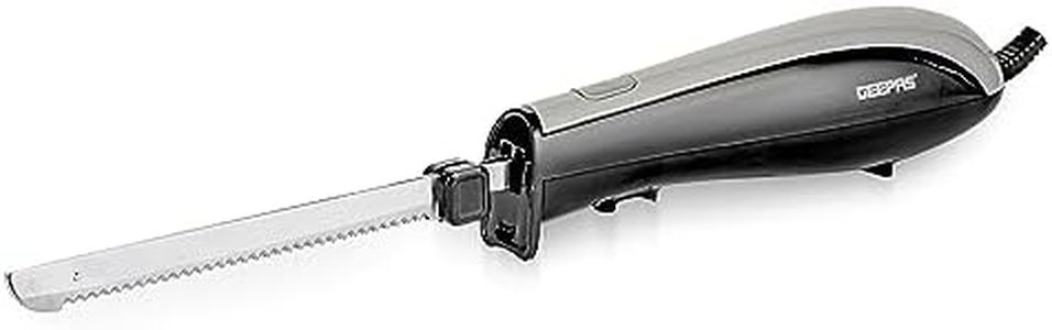 GEEPAS 150W Electric Knife – Serrated Carving Knife - Ideal for Turkey, Meat, Bread, Vegetables, Fruits, Ham, and Cooked Beef – Single Start Button & Eject Button – 2 Year Warranty, Black