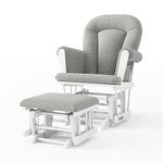 Child Craft Tranquil Glider Rocker and Ottoman Set, Extra Thick Padded Cushion with Convenient Storage Pockets, Solid Wood Base & Frame (Matte White with Gray Herringbone)