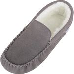 SNUGRUGS Mens Ronnie Suede Moccasin Slippers with Wool Inner and Suede Sole, Grey, 9