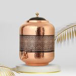 Decorative India Copper Hammer Carving Water Dispenser Matka Vessels Container Pot with Stainless Steel Tap 11 Litre Ayurvedic Health Benefits Yoga (Copper Antique Glossy Finish)