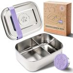 Everusely Stainless Steel Bento Box for Kids (Small), 3 Compartment Metal Lunch Box with Bonus Leakproof Dip Container, Stainless Steel Lunch Containers, Eco Tiffin Lunch Box (Purple)