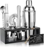 Mixology Bartender Kit with Stand | 15 Piece Bar Tool Set, Silver Bar Set Cocktail Shaker Set for Drink Mixing - Includes Martini Shaker, Jigger, Strainer, Bar Mixer Spoon, Tongs | Gift Idea (Black)